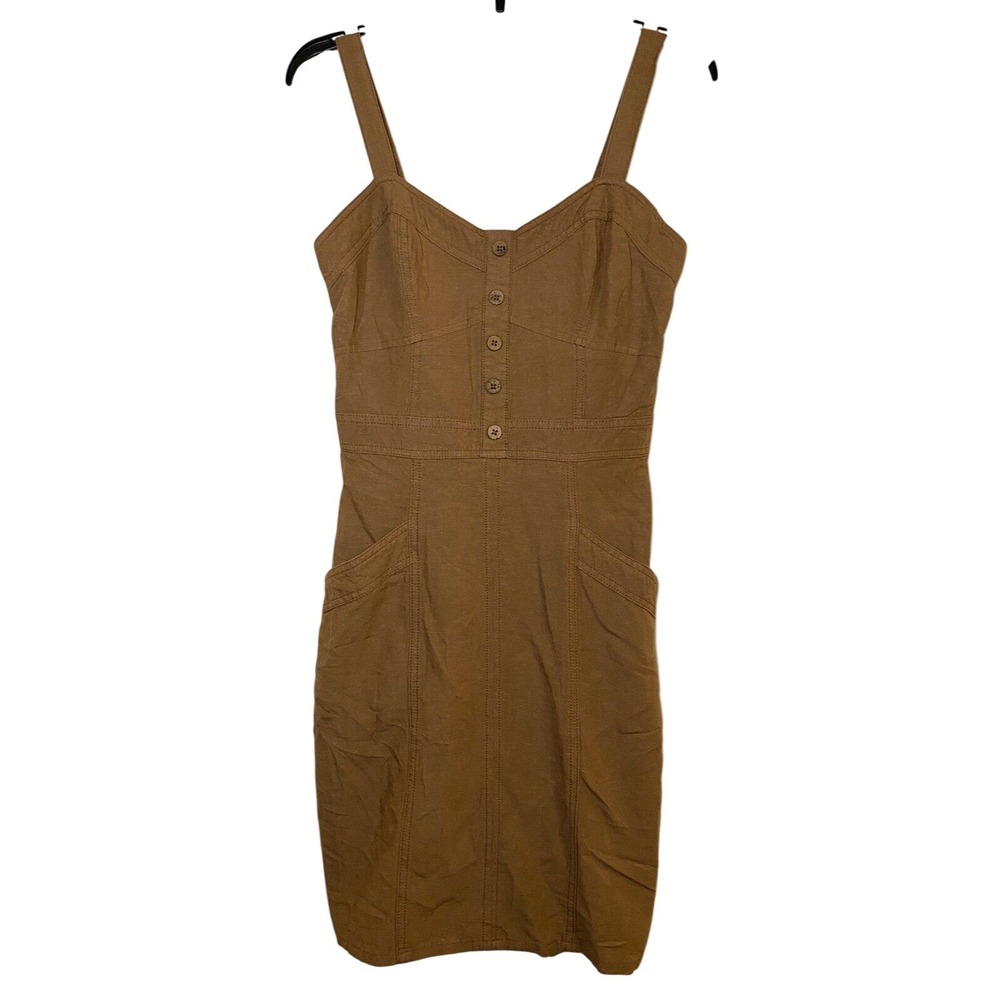 Japna Brown Linen Blend Button Front Smocked Back Mini Dress Small Pockets